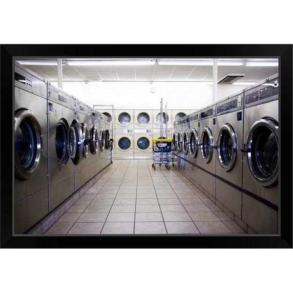 "Laundromat with washers and dryers" Black Framed Print Bed Bath